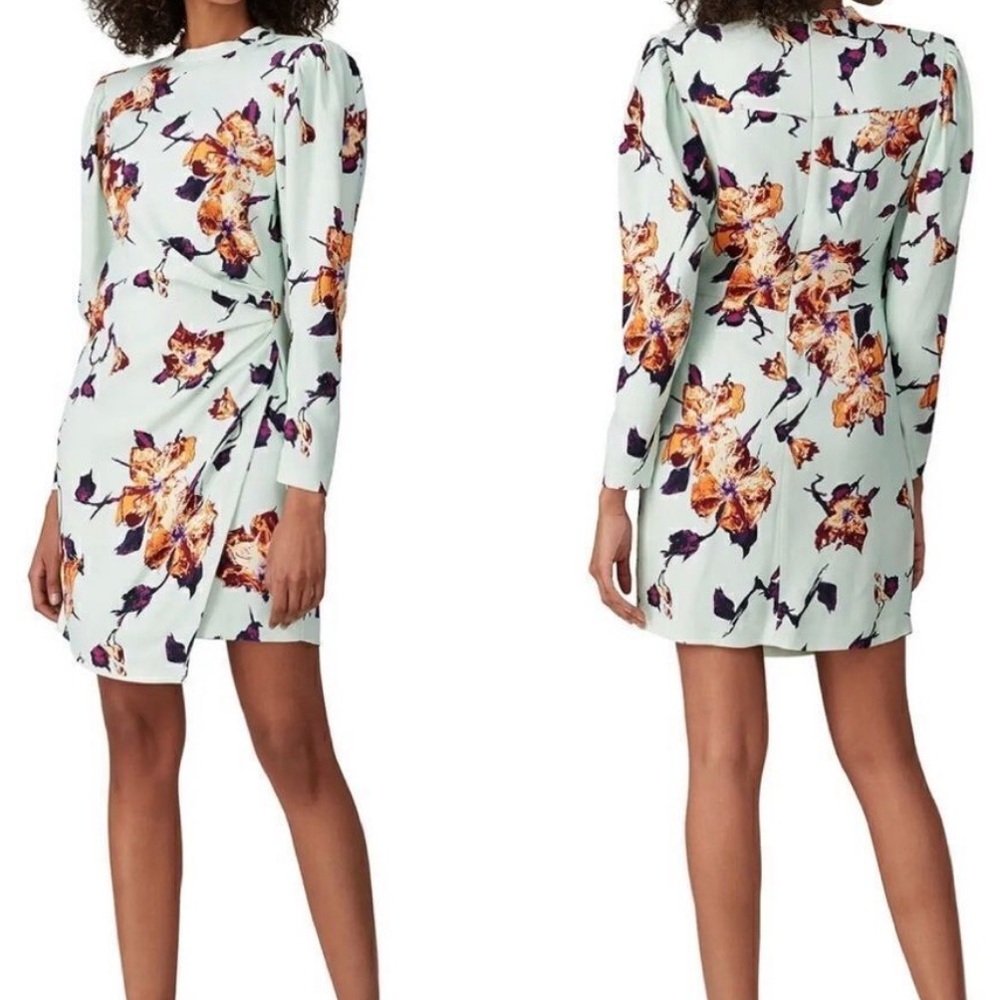 A.L.C. Mint Jane Long Sleeve Side Ruched Mini Dress Floral Green Women's Size 6 - Picture 4 of 16